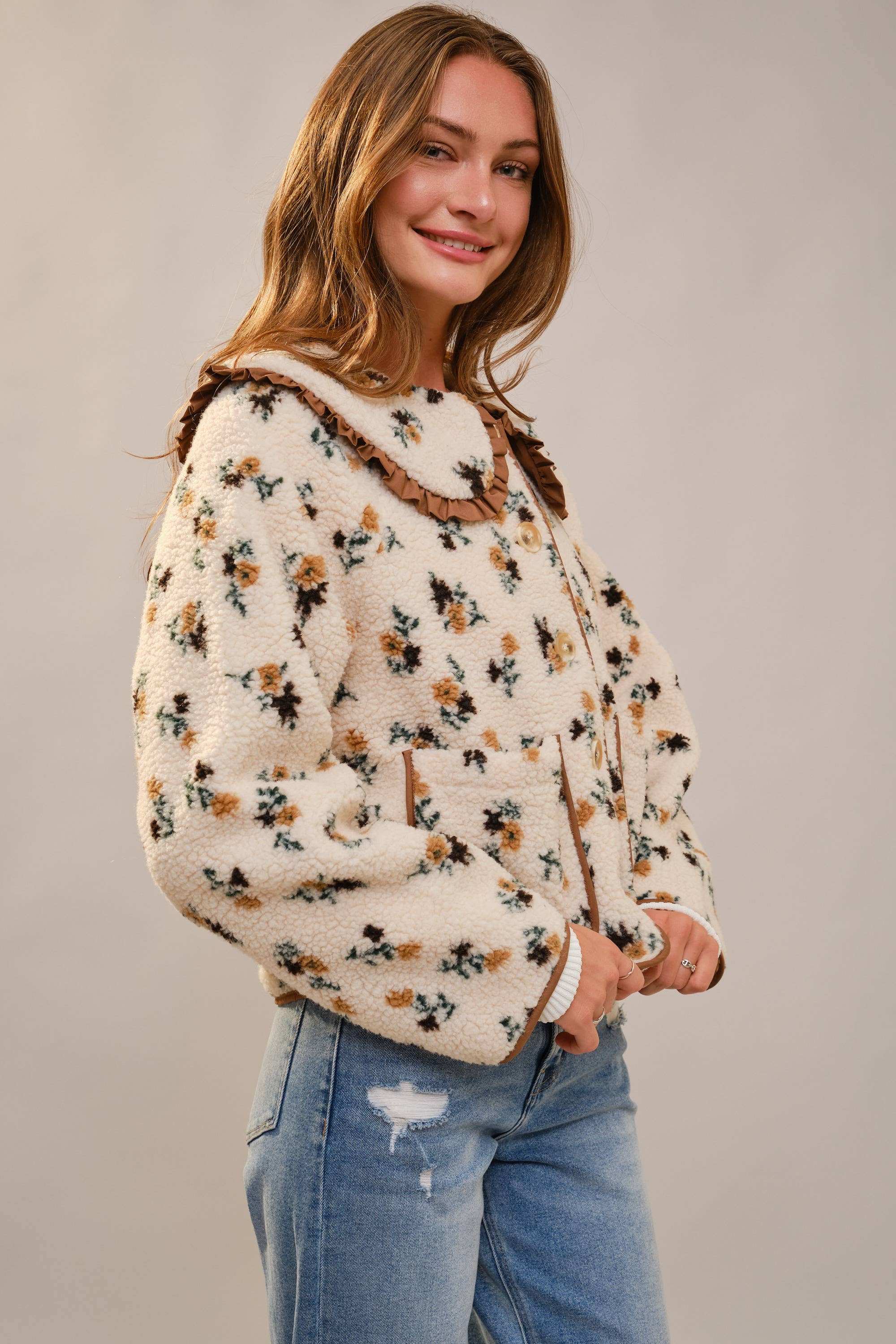 Floral Ruffle Western Sherpa Jacket