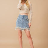 Denim Embellished Pearl Mini Skirt