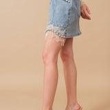 Denim Embellished Pearl Mini Skirt