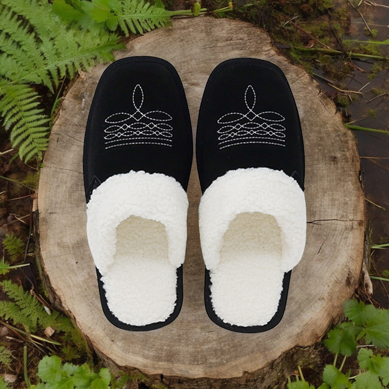 Western Boot Stitch Slippers (Black)