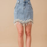 Denim Embellished Pearl Mini Skirt