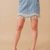 Denim Embellished Pearl Mini Skirt