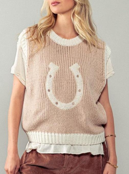 Horseshoe Sweater Vest Medium Large Tan
