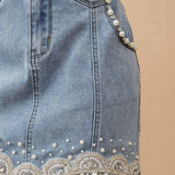 Denim Embellished Pearl Mini Skirt L