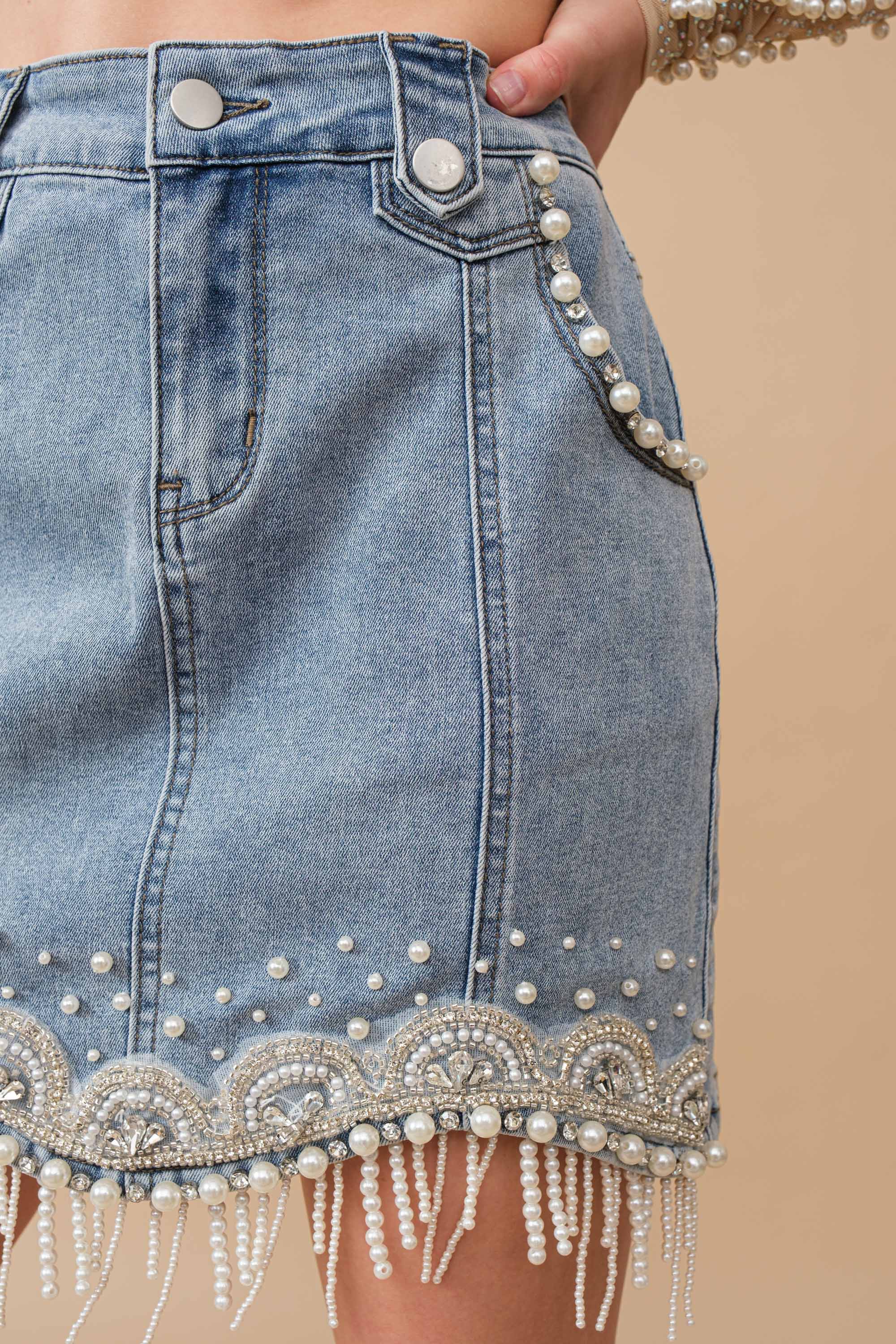 Denim Embellished Pearl Mini Skirt L