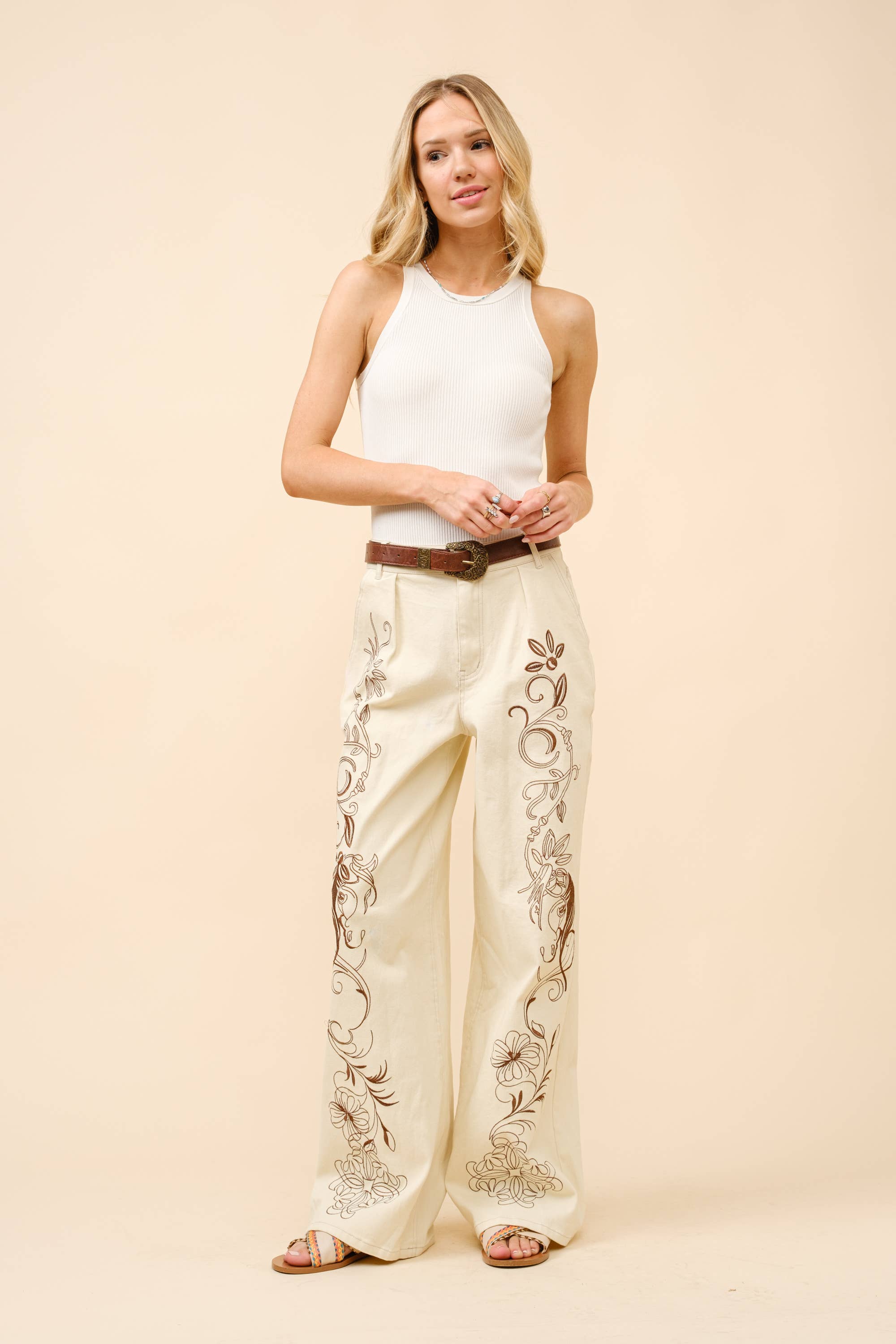 Embroidered Twill Mid Rise Loose Jeans