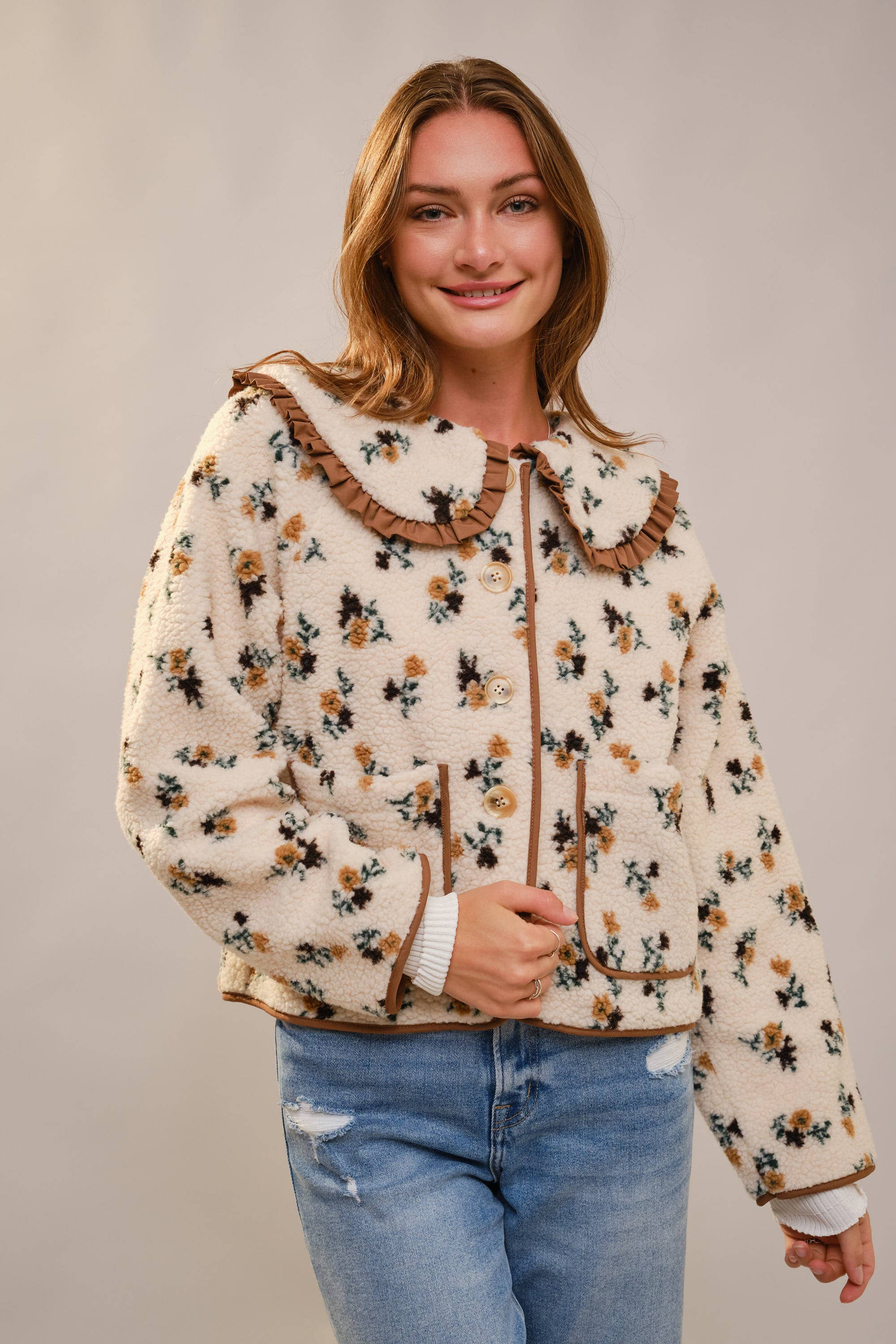 Floral Ruffle Western Sherpa Jacket L