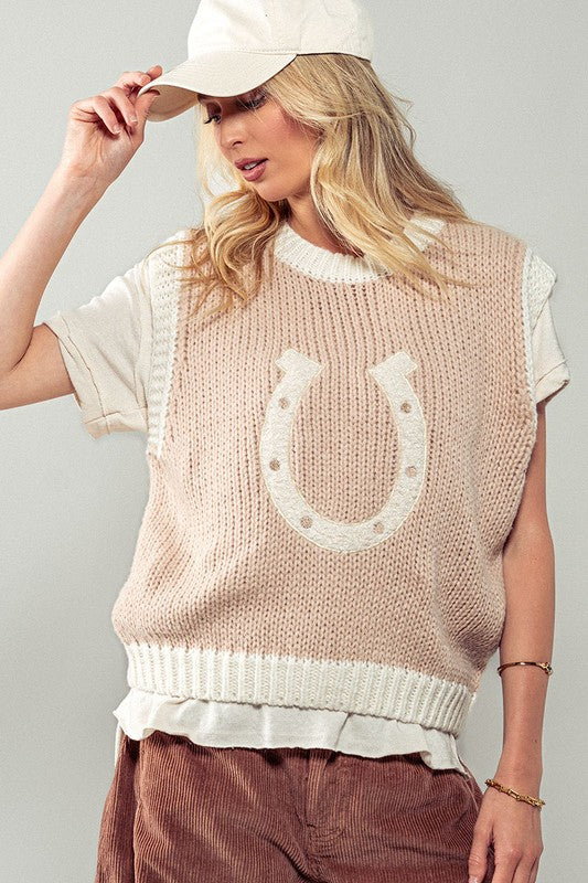 Horseshoe Sweater Vest Small Medium Tan
