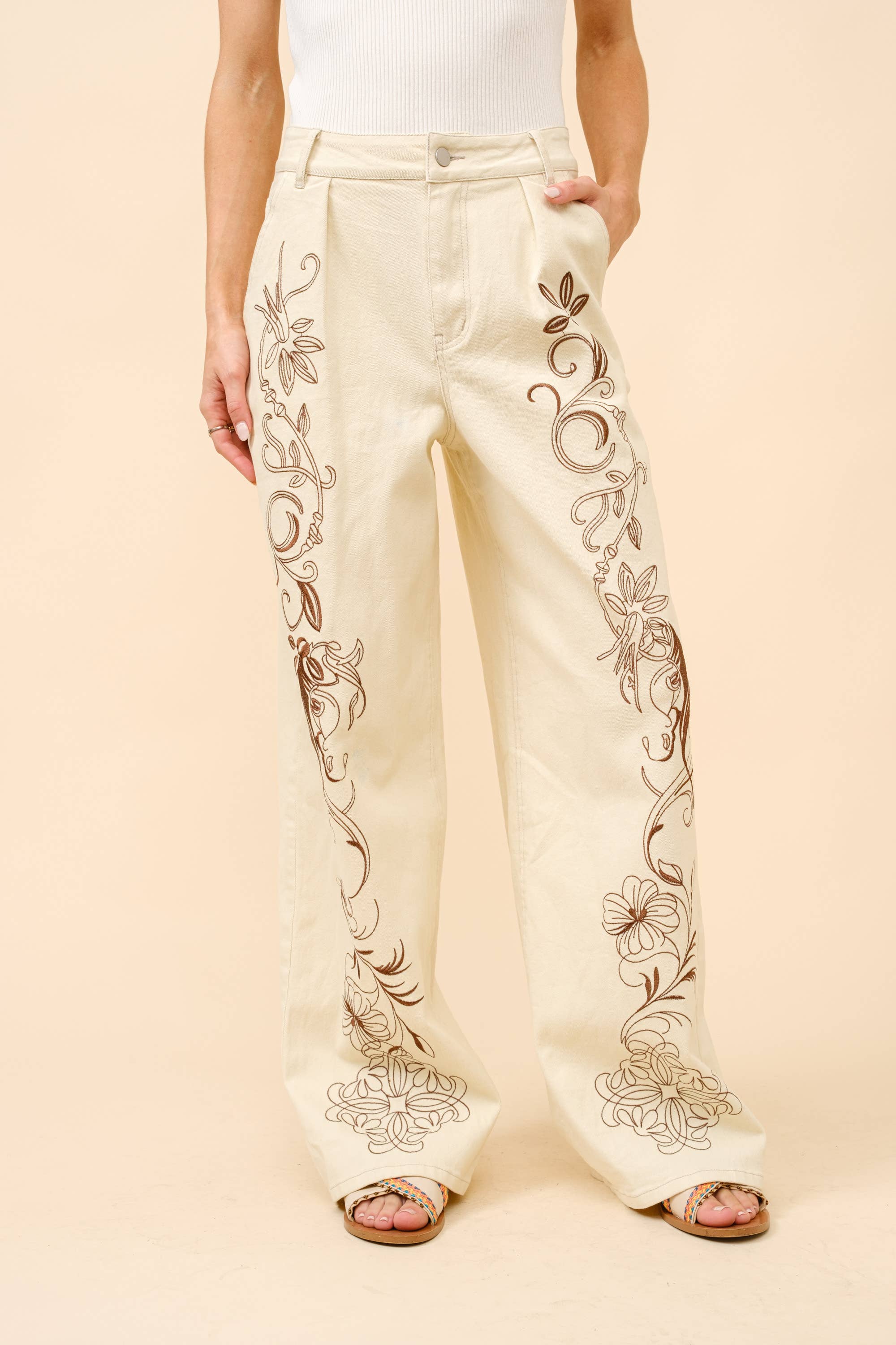 Embroidered Twill Mid Rise Loose Jeans L