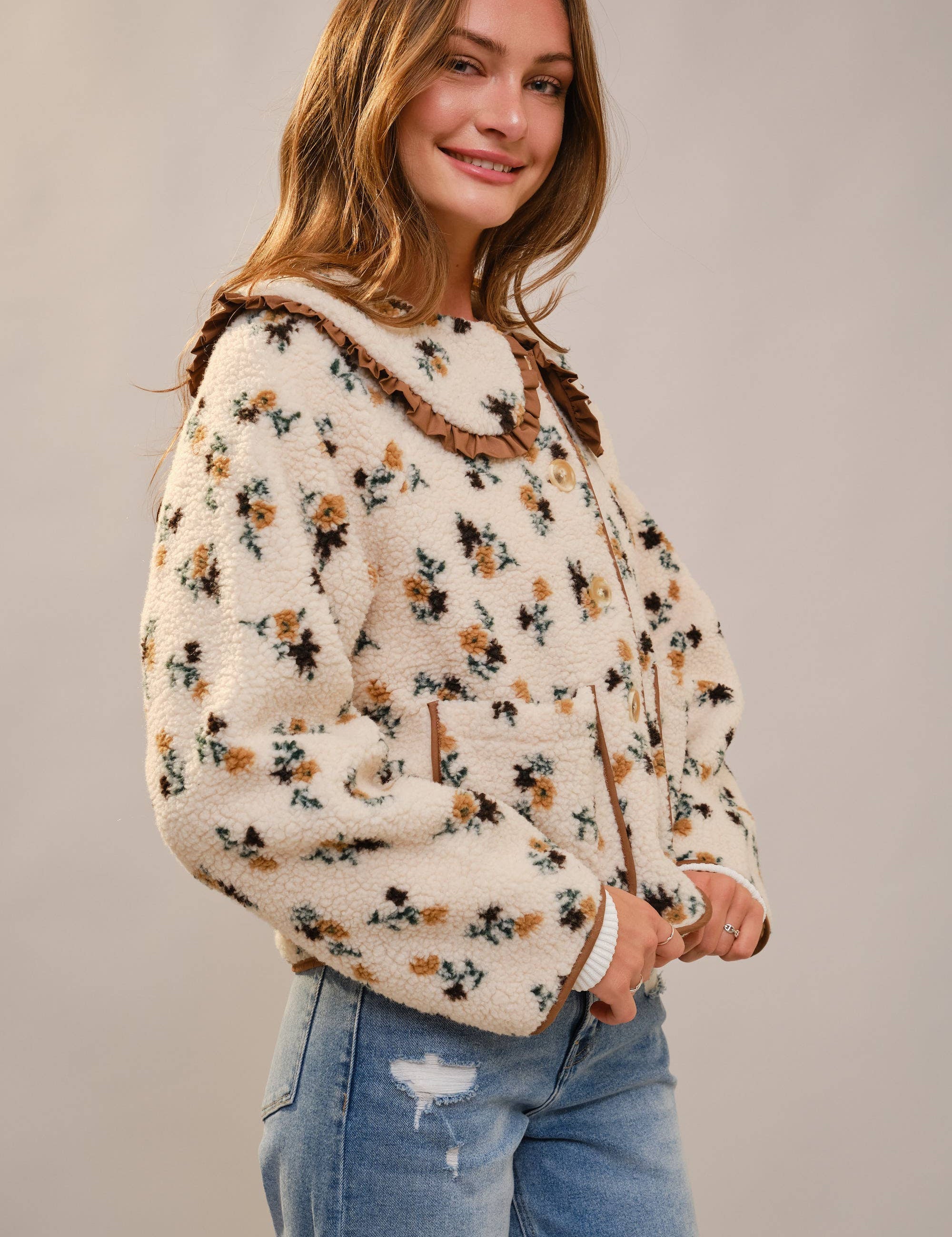 Floral Ruffle Western Sherpa Jacket