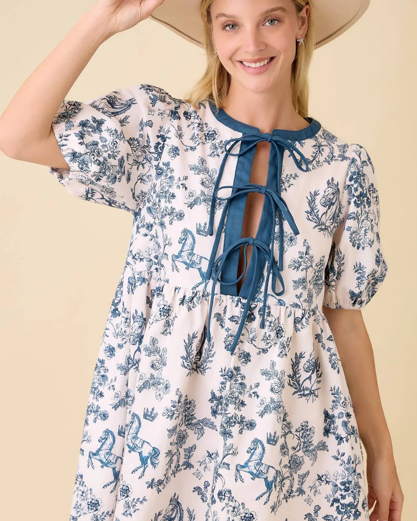 Vintage Horse Toile Print Denim Mini Dress Main Strip