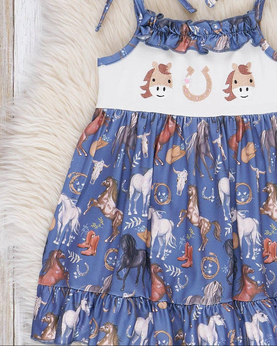 Steel Blue Horse Embroidered Ruffle Dress Marie Nicole Clothing