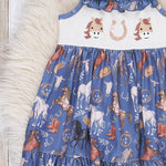 Steel Blue Horse Embroidered Ruffle Dress Marie Nicole Clothing