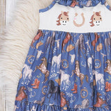 Steel Blue Horse Embroidered Ruffle Dress Marie Nicole Clothing