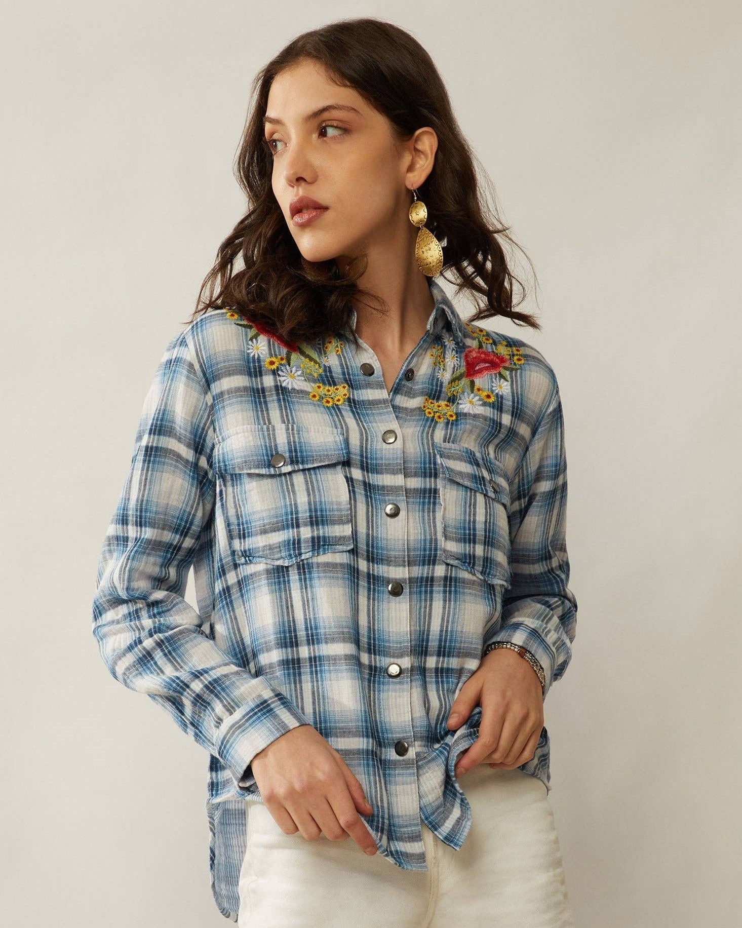 Blue Country Blossoms Embroidered Shirt