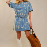 Blue Western Motif Cotton T-Shirt Dress