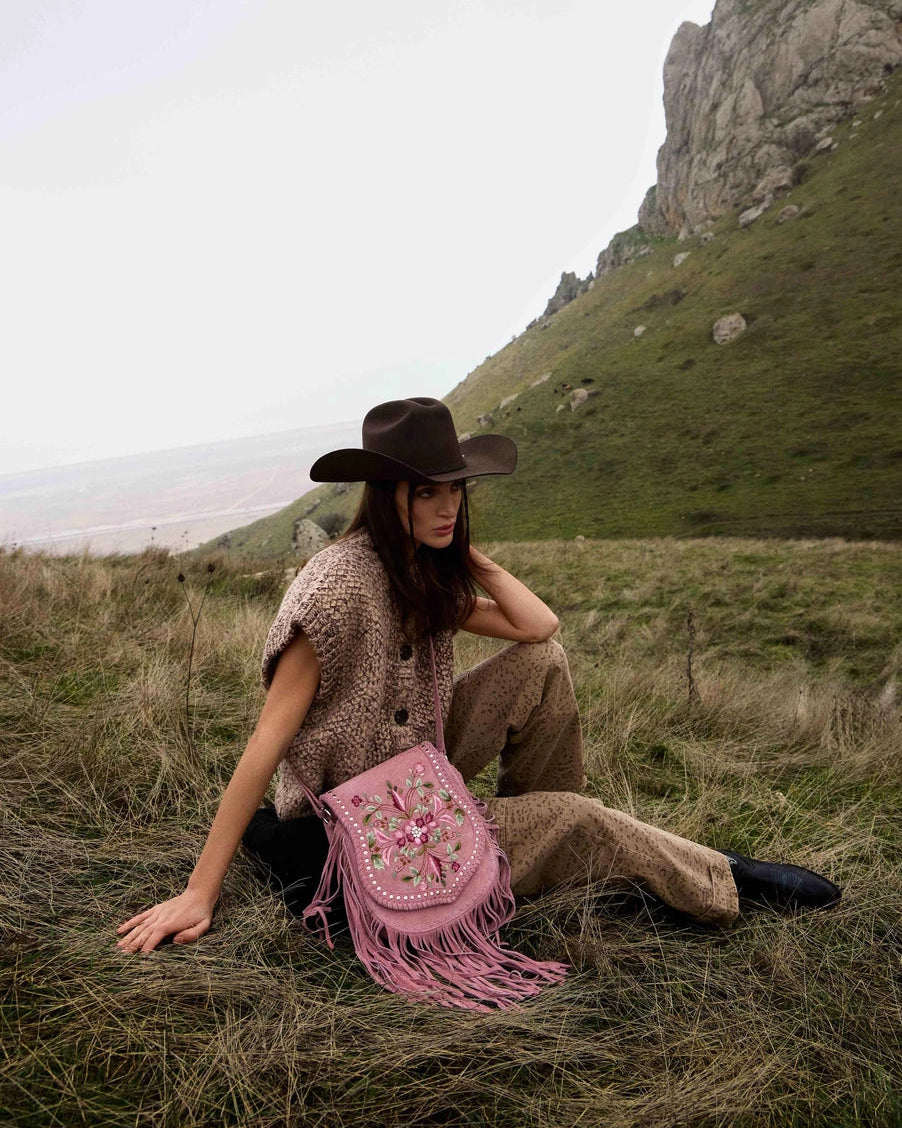 Cowgirl Rose Leather Fringe Handbag