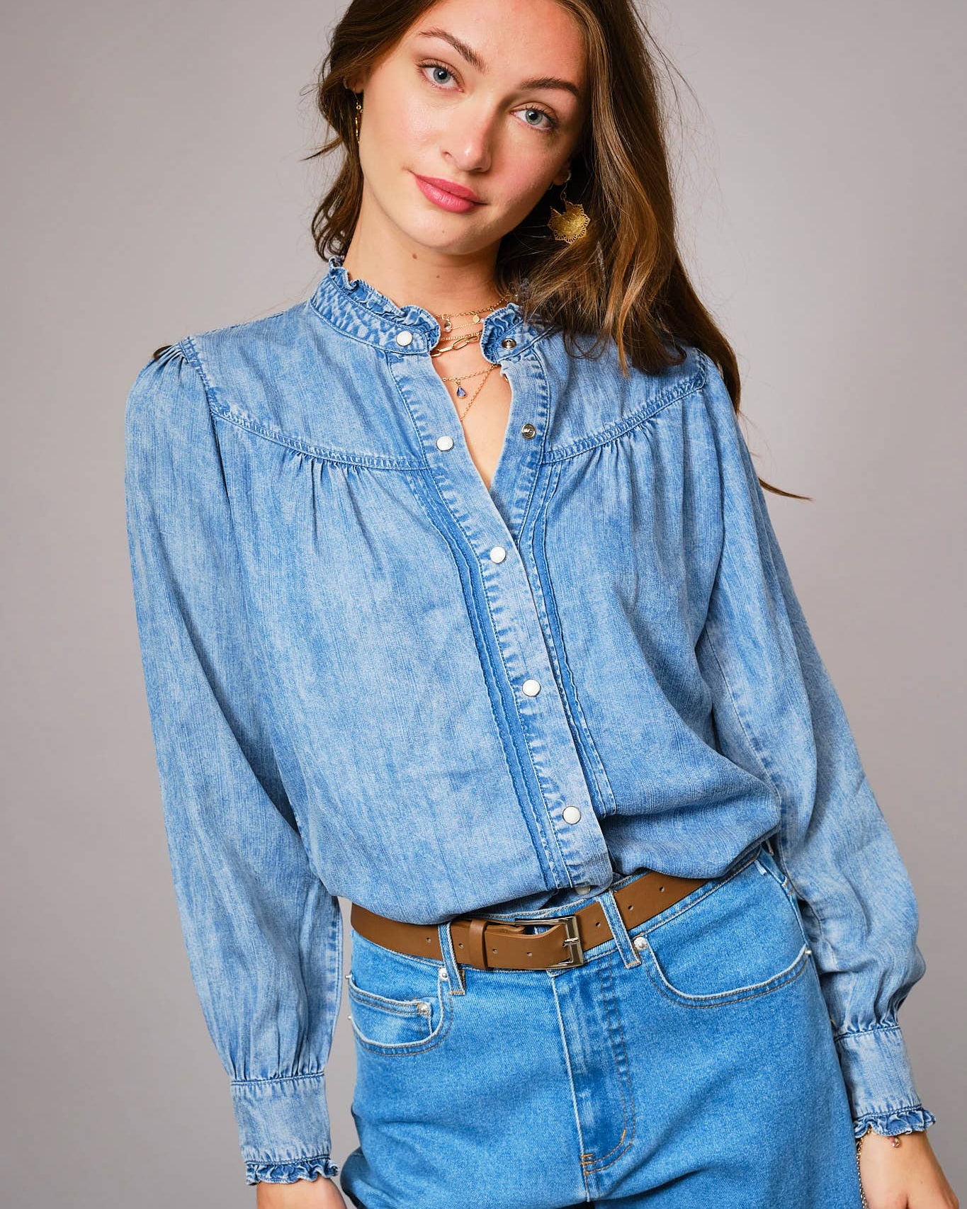 Dolly Denim Ruffle Blouse