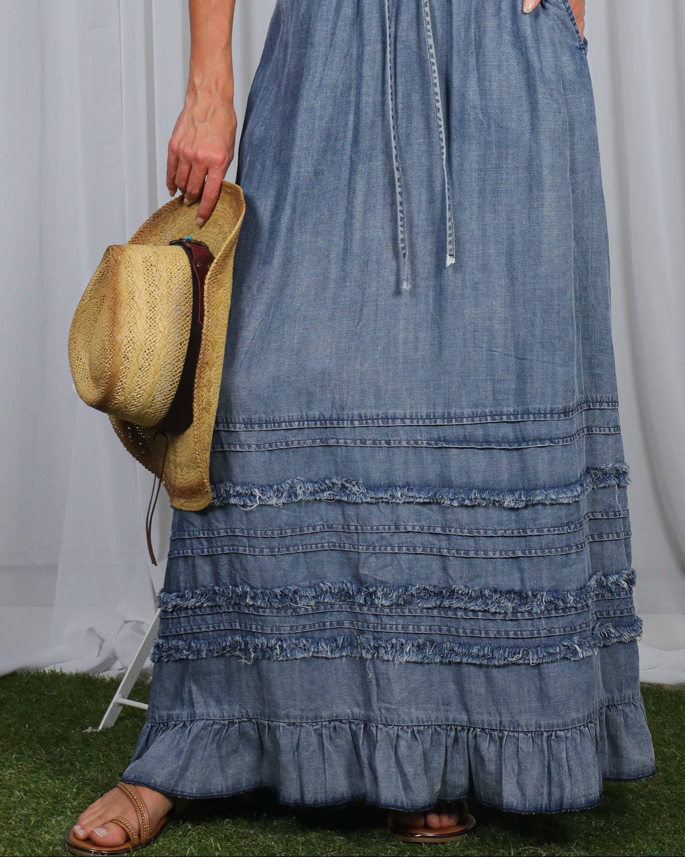 Cowgirl Chambray Ruffle Frayed Skirt
