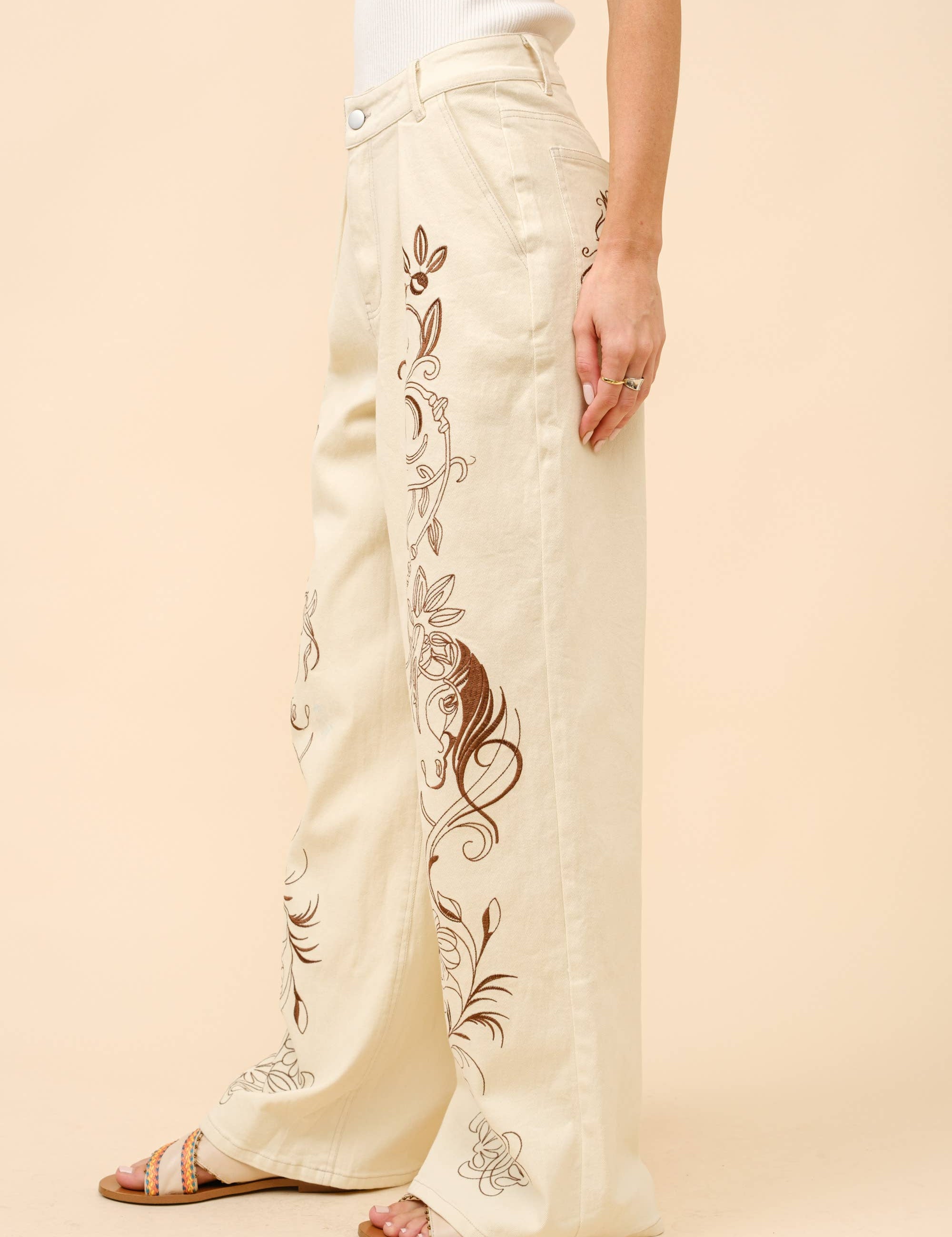 Embroidered Twill Mid Rise Loose Jeans