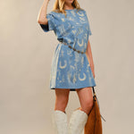 Blue Western Motif Cotton T-Shirt Dress