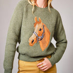 olive horse embroidered sweater Large