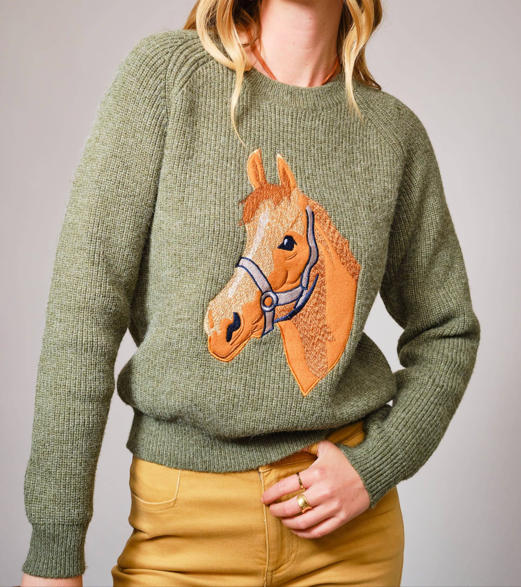 olive horse embroidered sweater Large