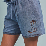 Western Boot Embroidered Drawstring Shorts