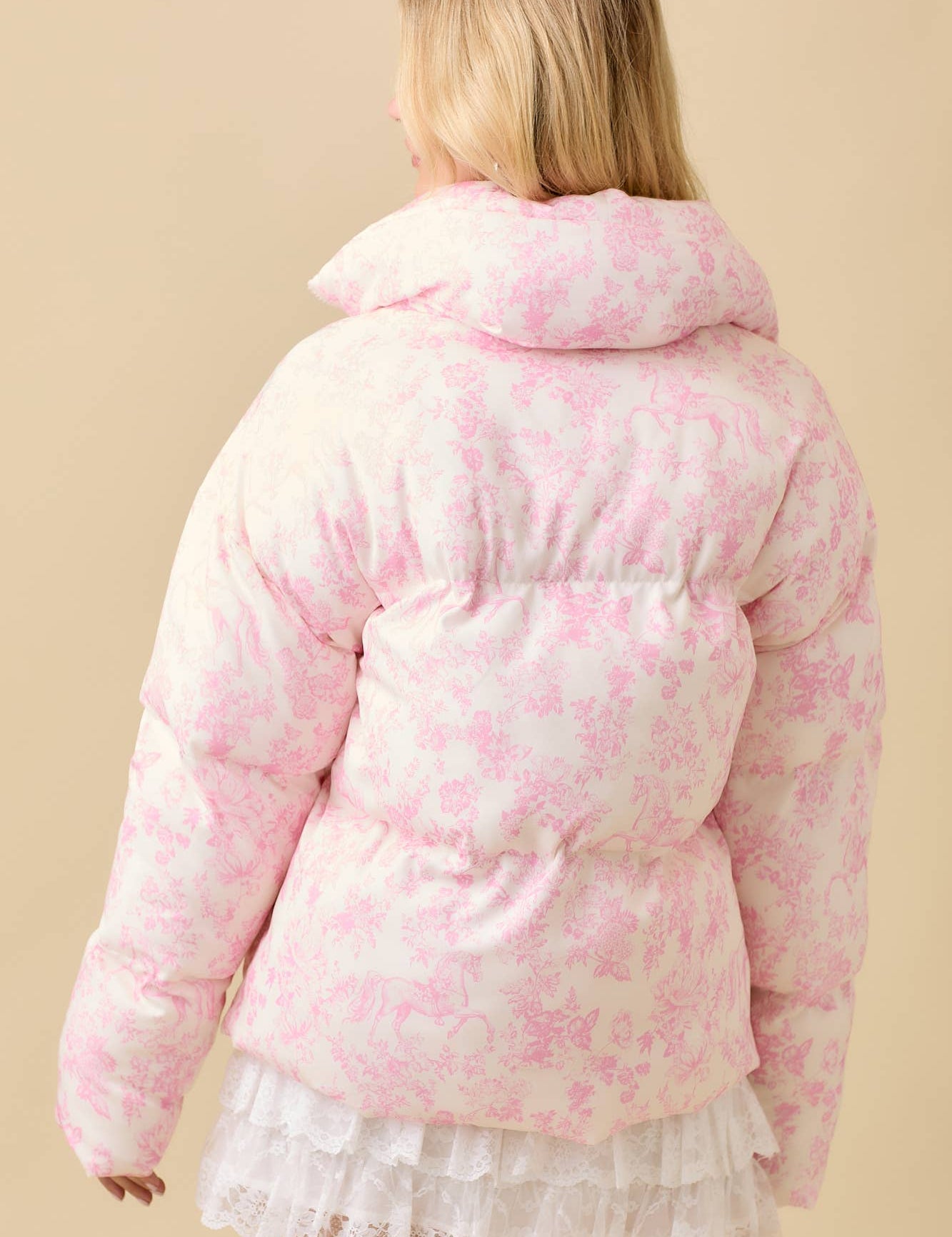 Pink Toile Horse Puffer Coat