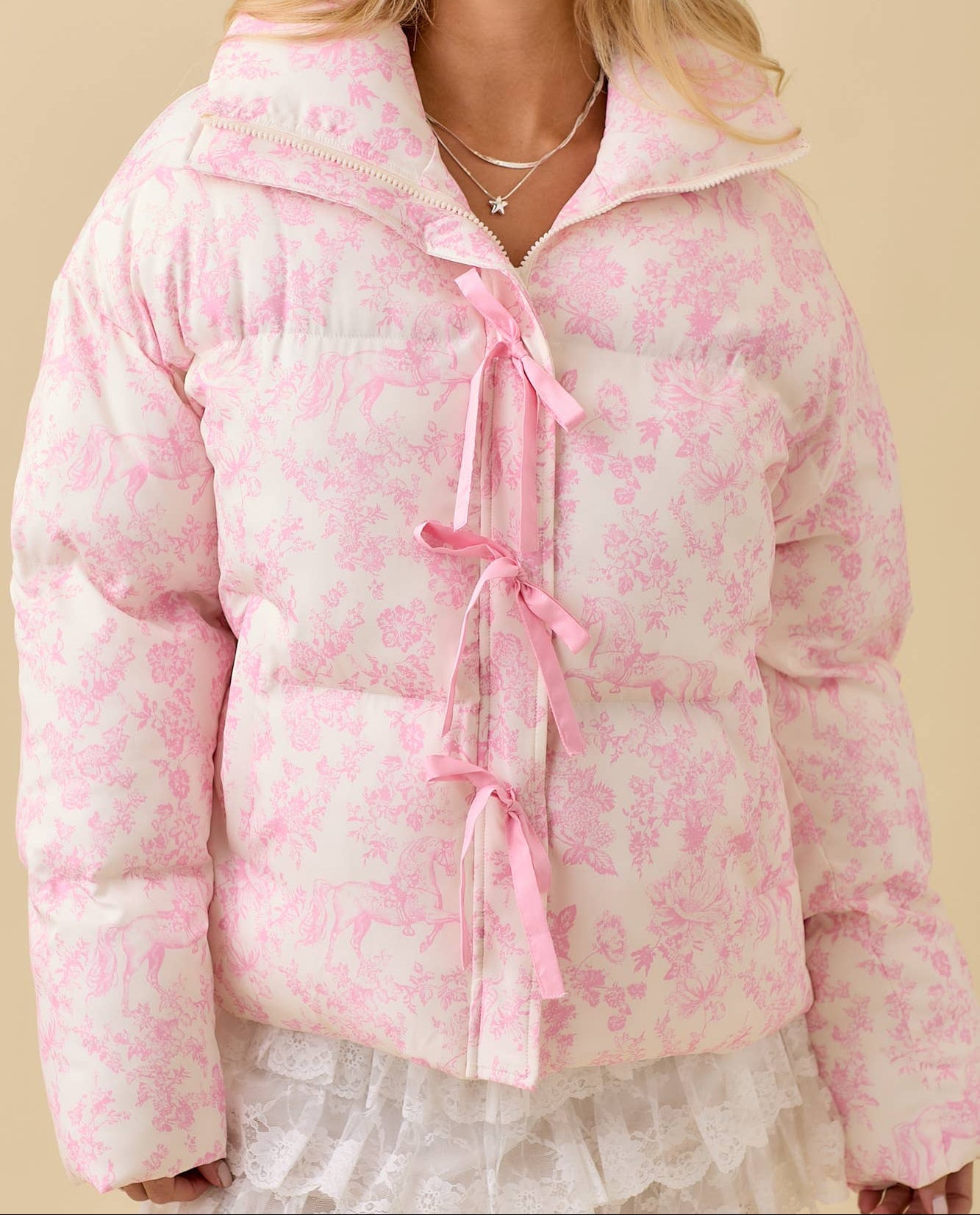 Pink Toile Horse Puffer Coat L