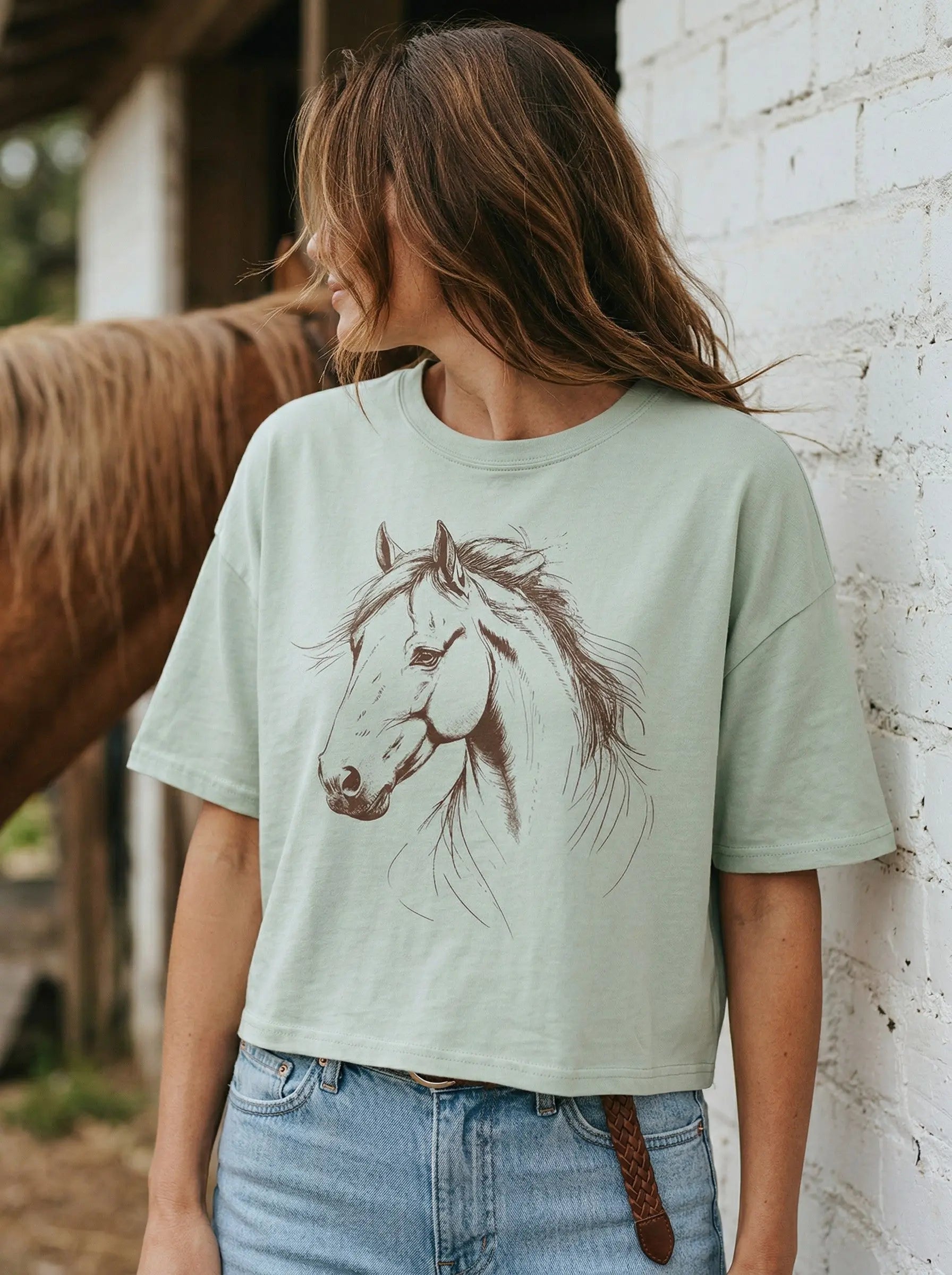 Horse Sketch Western Crop Top Faire - Rustee Clothing