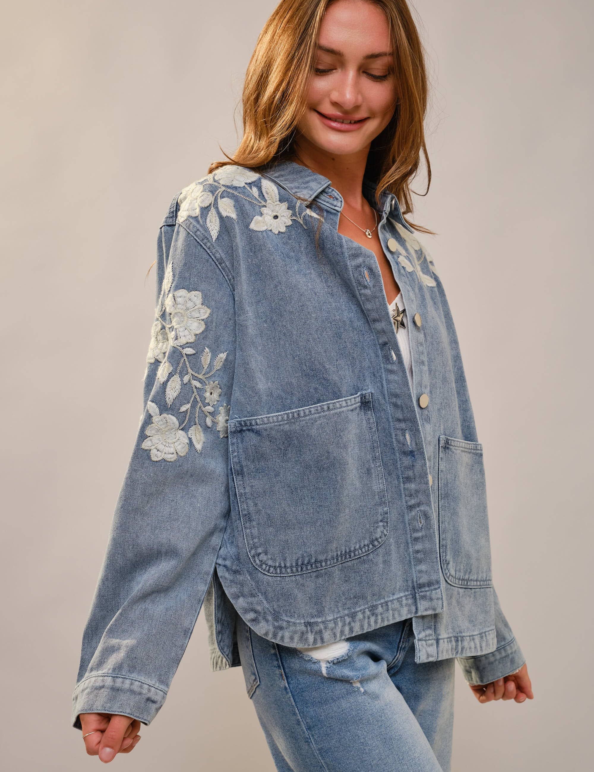 Denim Floral Work Jacket L