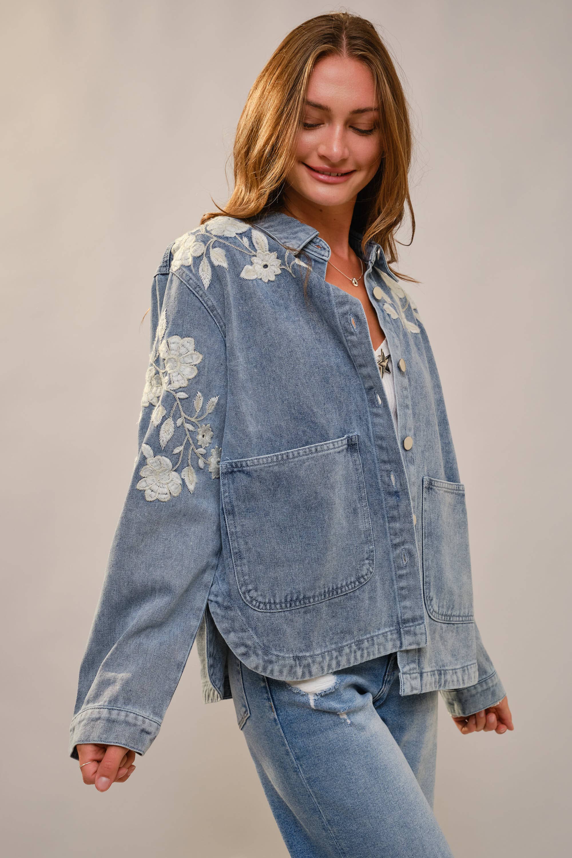Denim Floral Work Jacket L