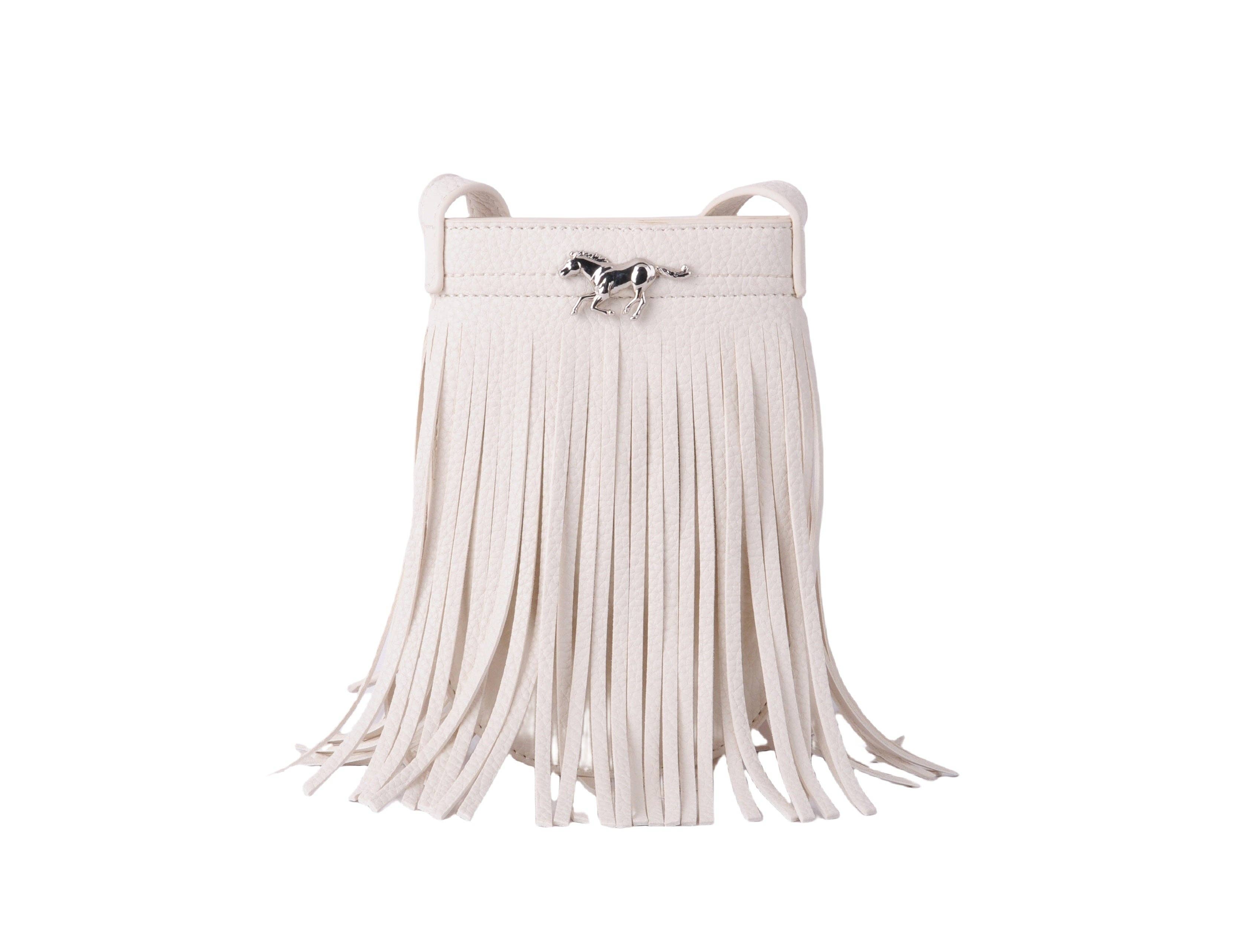 Vegan Leather Fringe North-South Bag with Horse Hardware Ivory