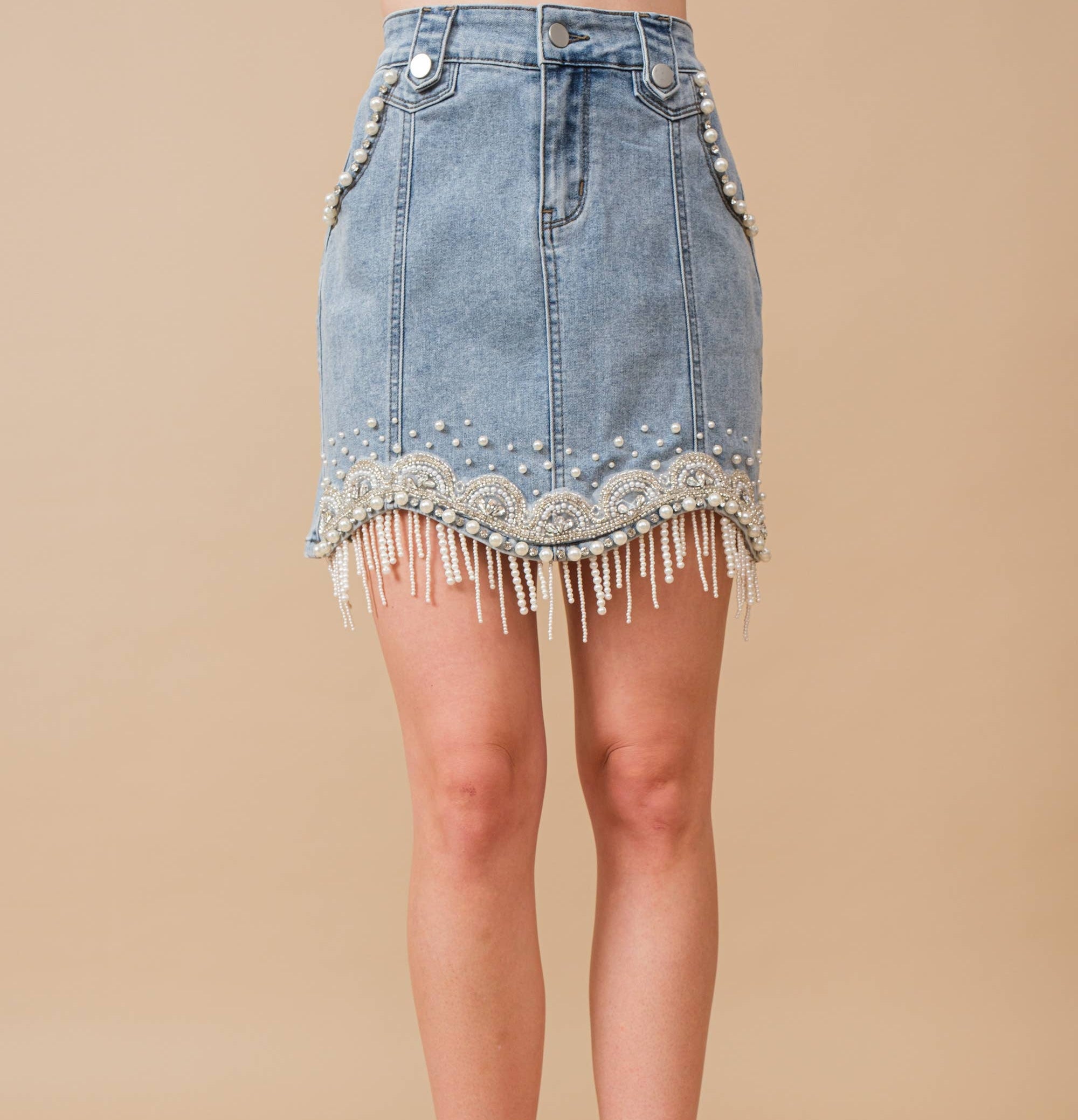Denim Embellished Pearl Mini Skirt
