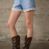 Lace Hem Light Wash Denim Shorts