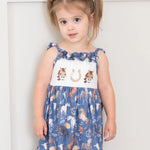 Steel Blue Horse Embroidered Ruffle Dress Marie Nicole Clothing