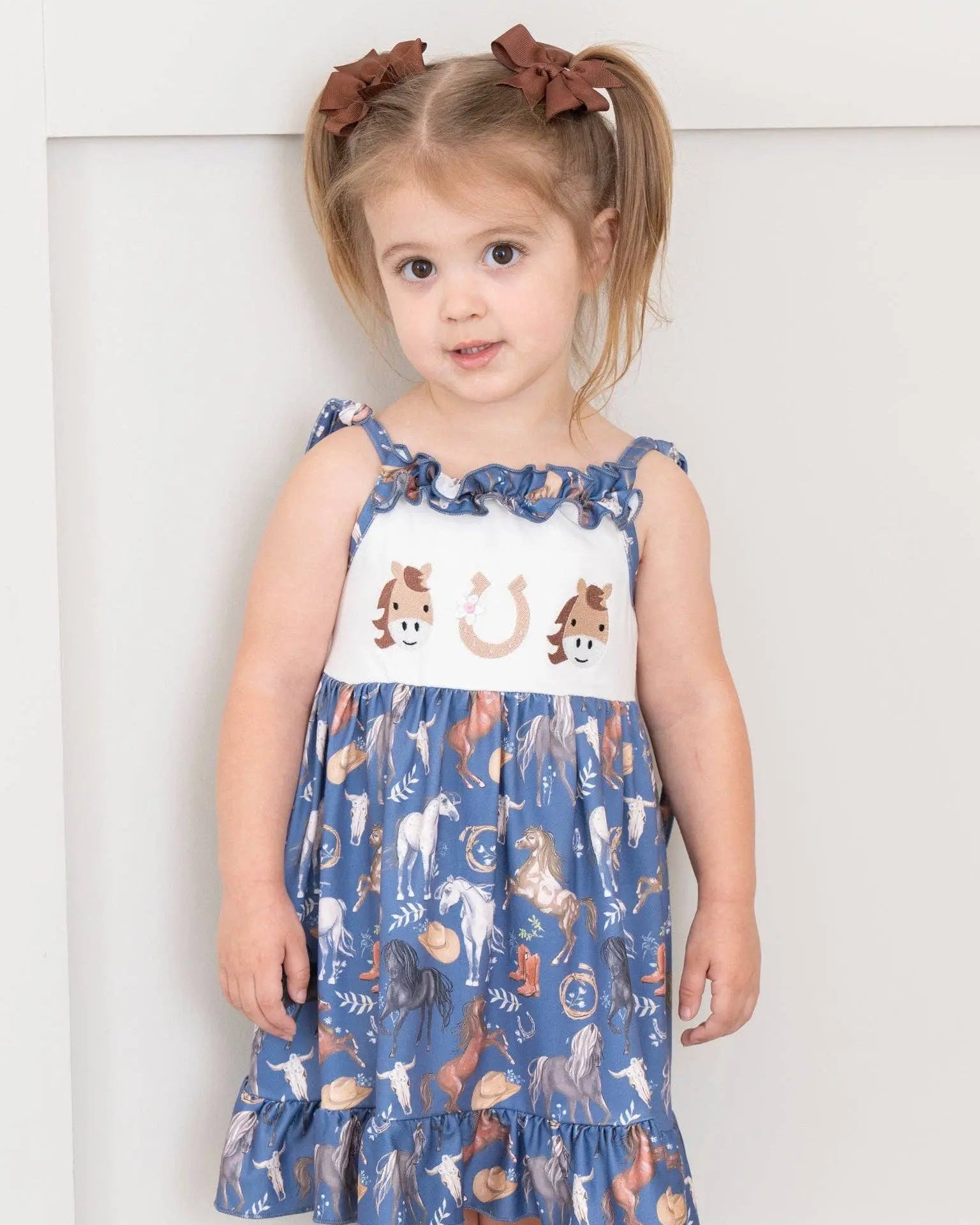 Steel Blue Horse Embroidered Ruffle Dress Marie Nicole Clothing