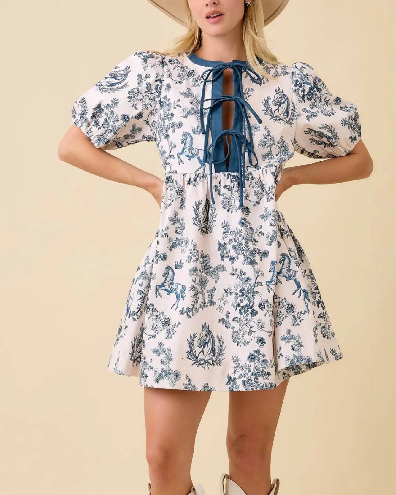 Vintage Horse Toile Print Denim Mini Dress Main Strip