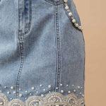 Denim Embellished Pearl Mini Skirt L
