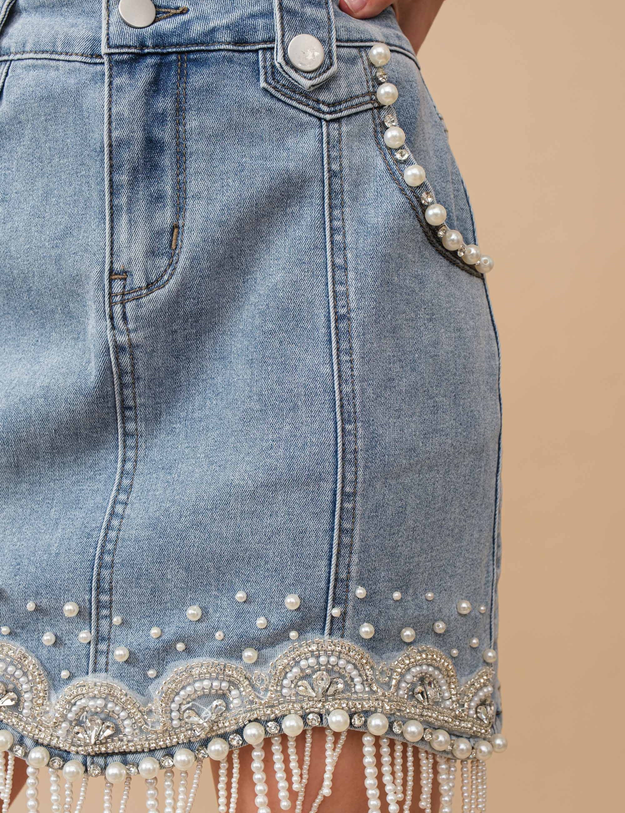 Denim Embellished Pearl Mini Skirt L
