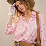 Satin Horse Motif Button Blouse