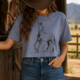 Horse Sketch Long-Crop Tee (Blue)