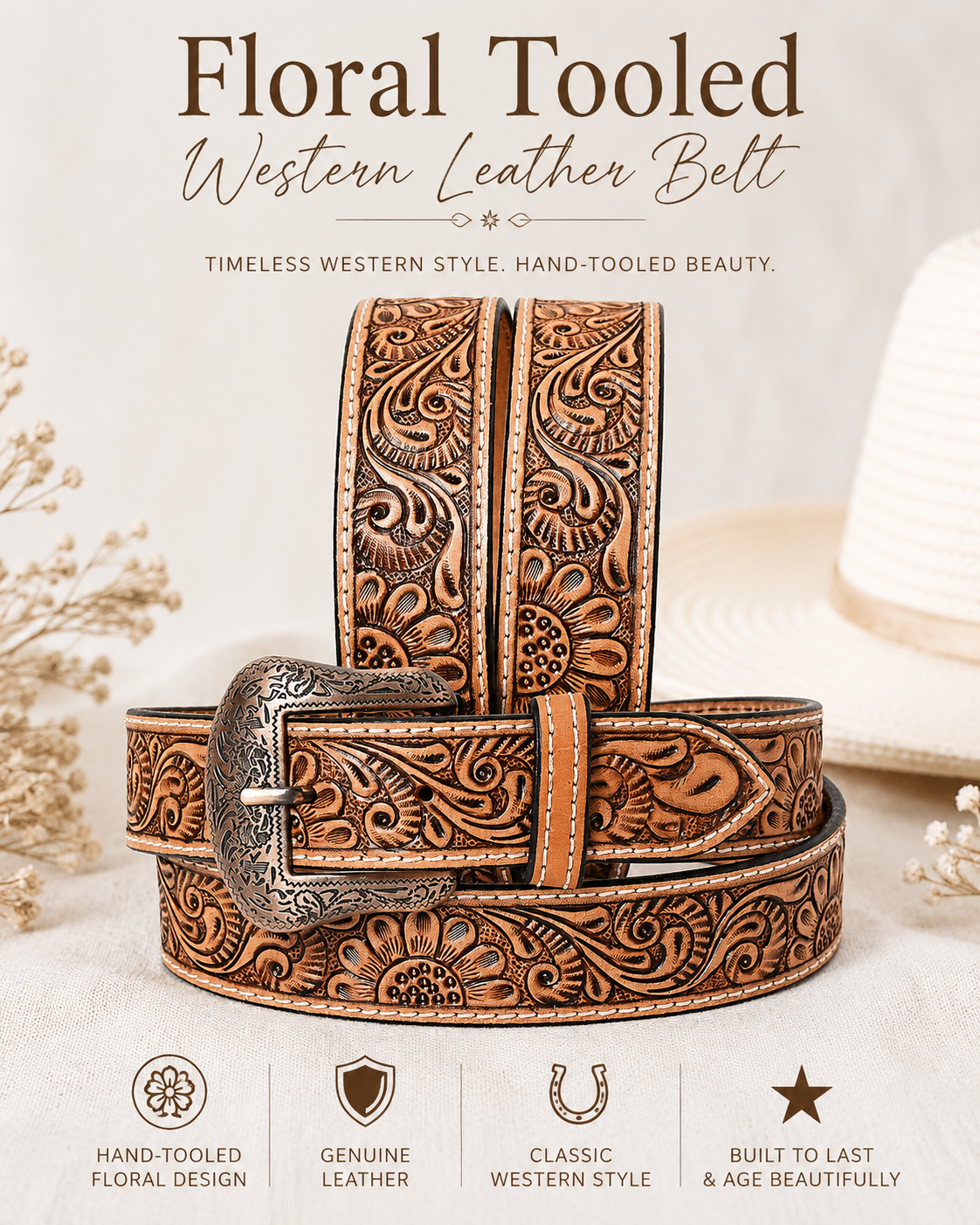 Floral Tooled Western Leather Belt