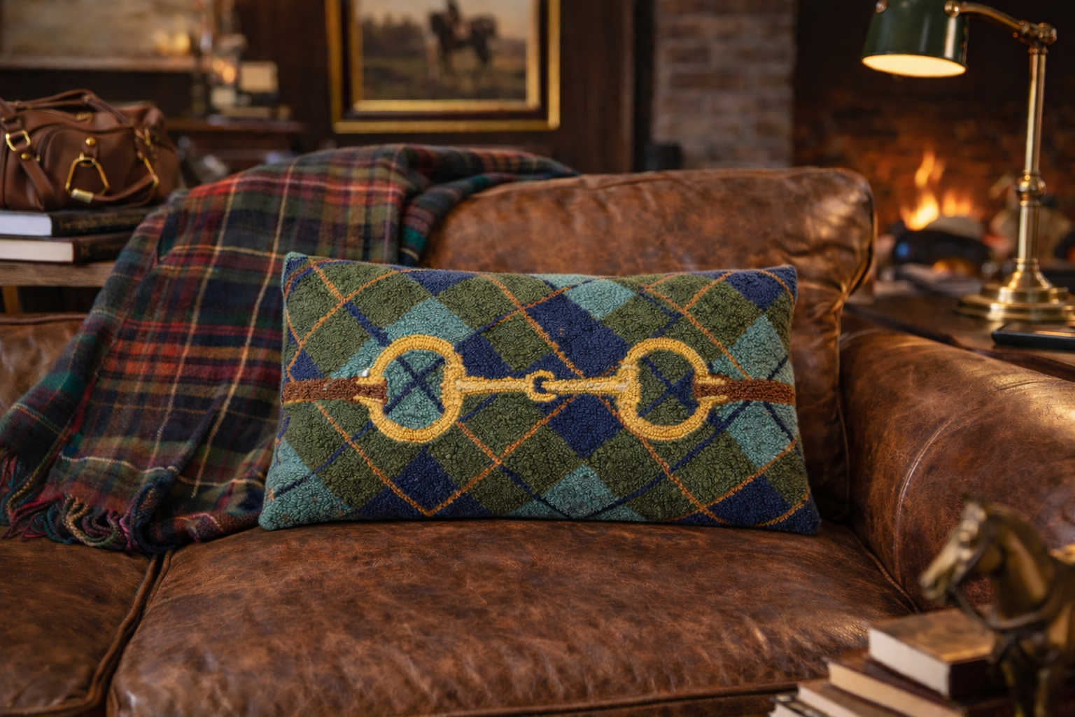 Horse Bit Plaid Wool Pillow