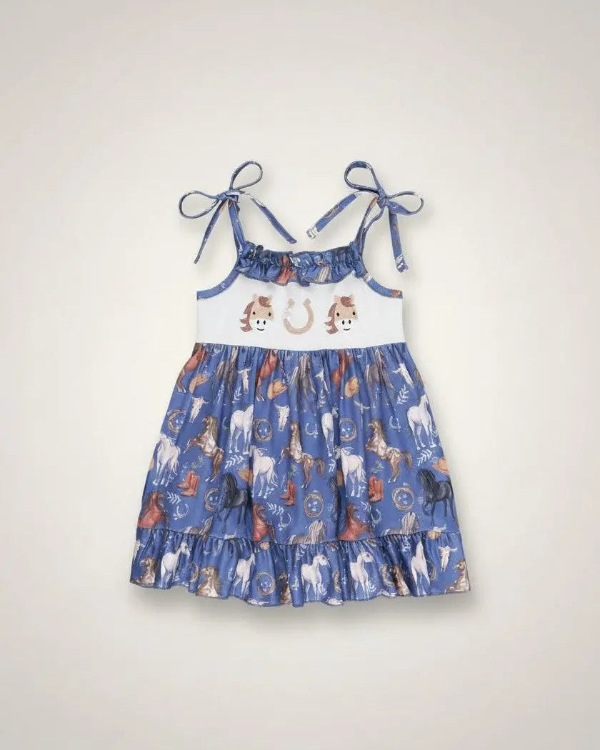 Steel Blue Horse Embroidered Ruffle Dress Marie Nicole Clothing