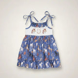 Steel Blue Horse Embroidered Ruffle Dress Marie Nicole Clothing