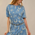 Blue Western Motif Cotton T-Shirt Dress