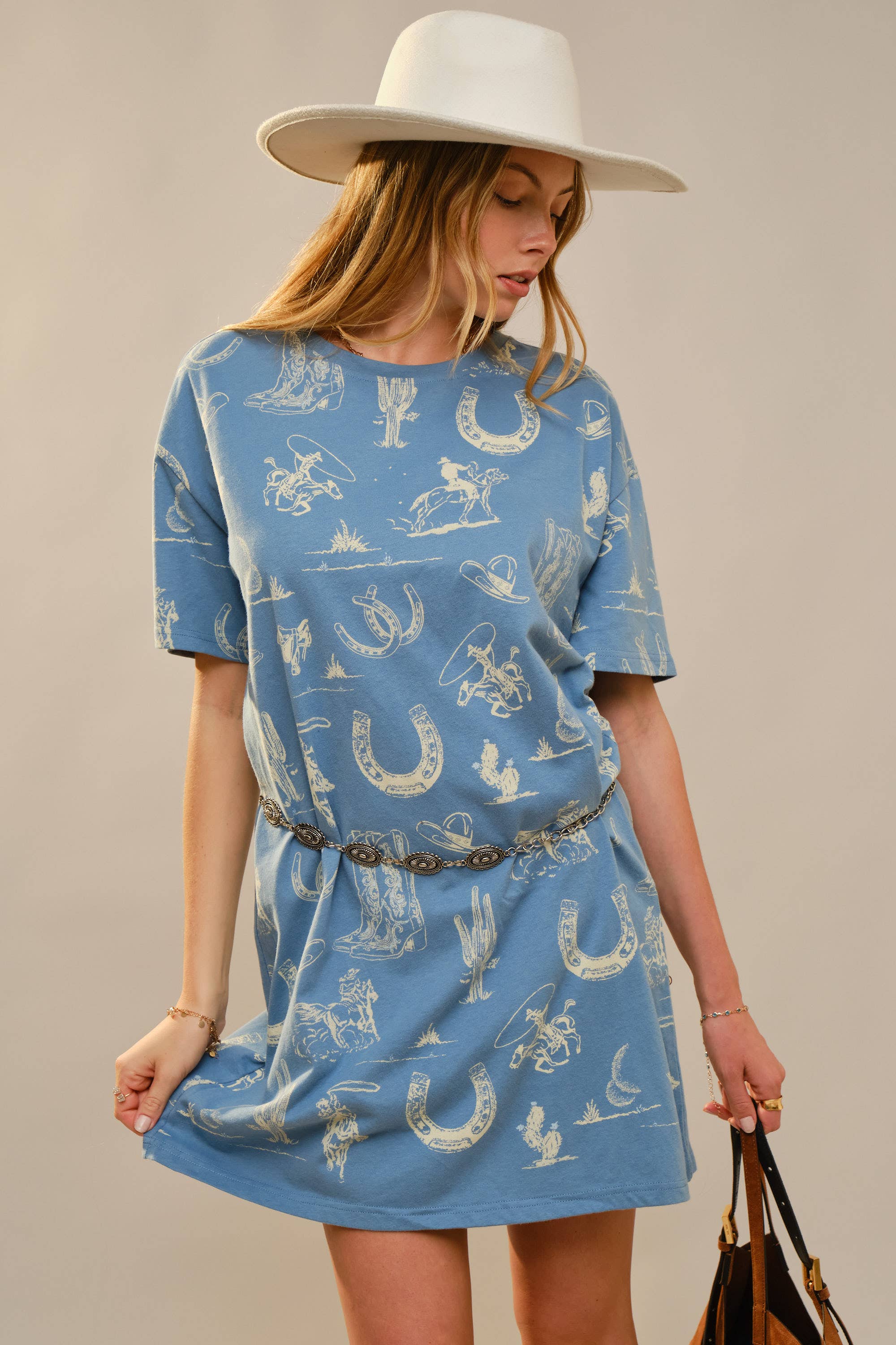 Blue Western Motif Cotton T-Shirt Dress