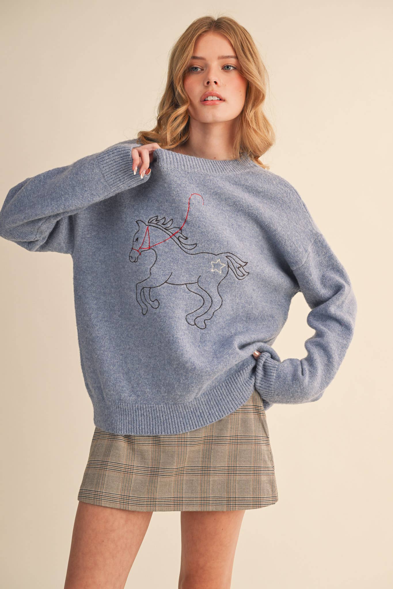 Dusty Blue Horse Sweater